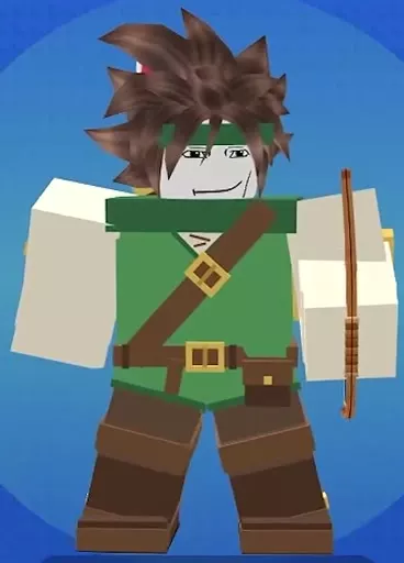 Archer in a green tunic and brown boots holding a wooden bow.