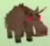 Brown Wild Boar with red eyes and protruding tusks.