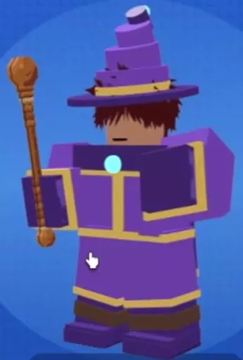 Mage wearing a tall purple hat and gold-trimmed purple robes, holding a wooden staff.