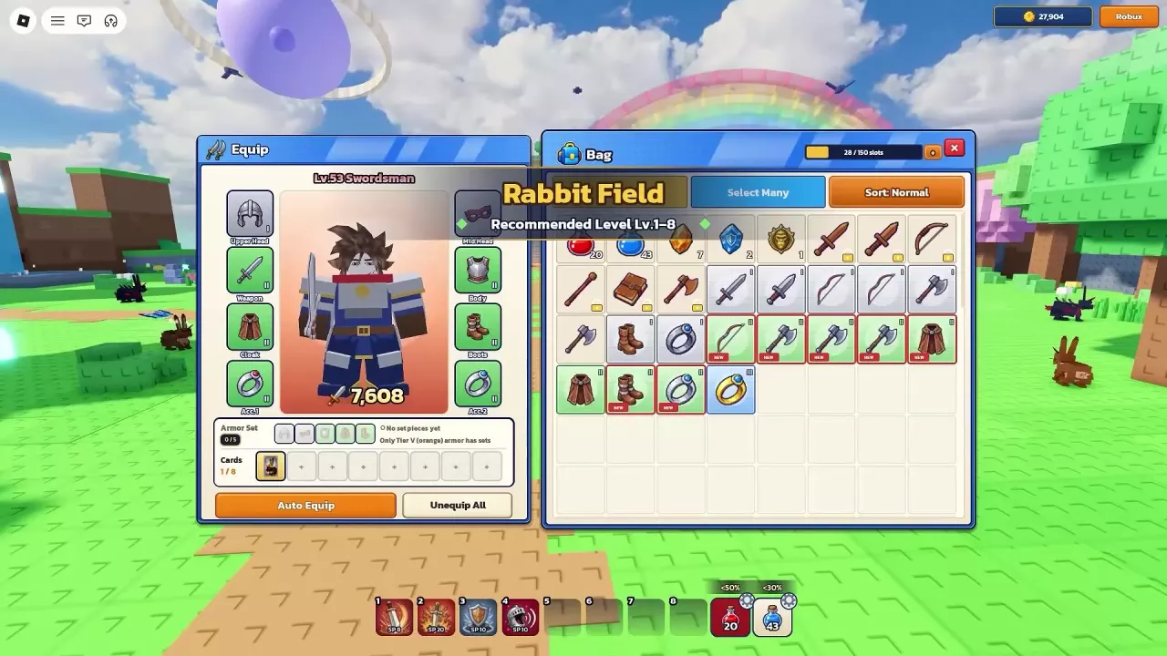 Equip panel with the eight-slot Cards row below Armor Set.