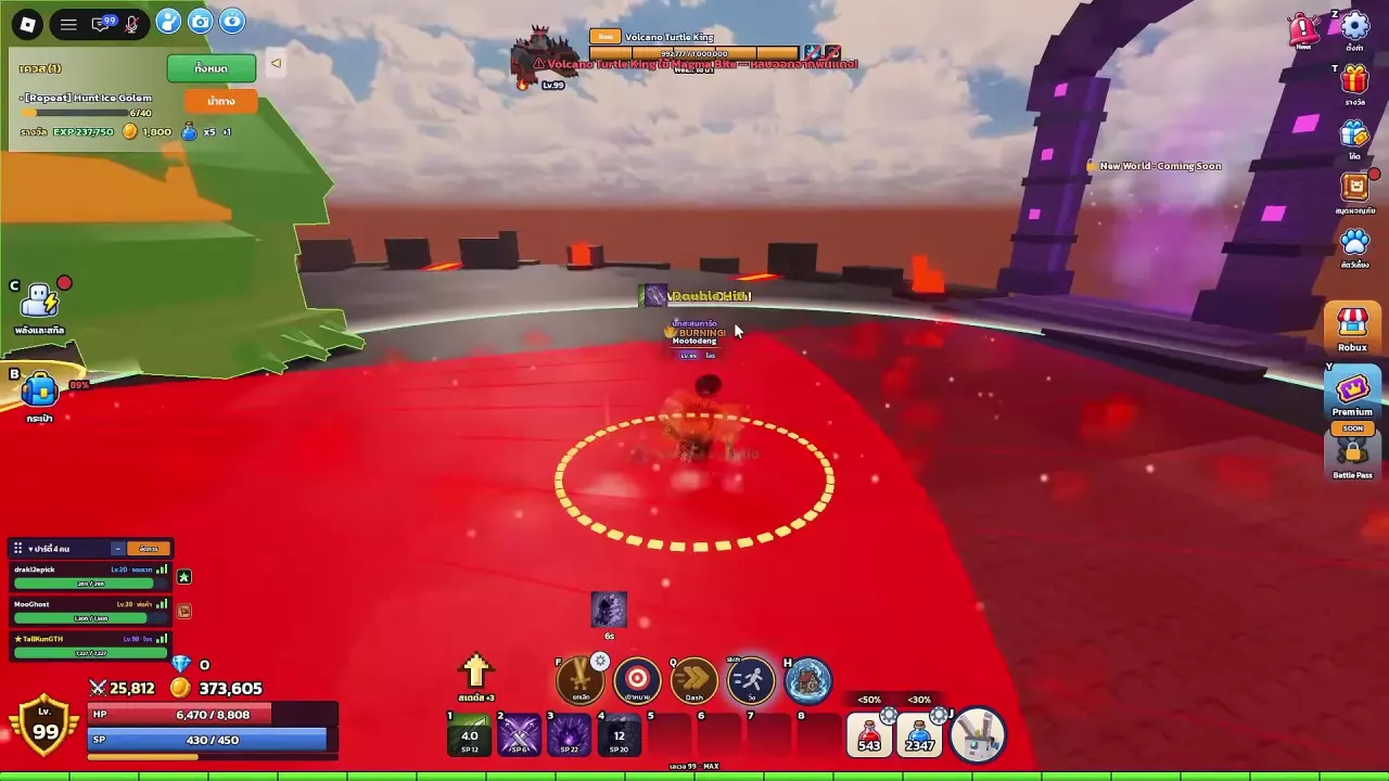 Magma Bite's red danger area covering the ground near Volcano Turtle King.