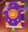 Purple grimoire with gold trim, a pumpkin emblem, and a green bookmark.