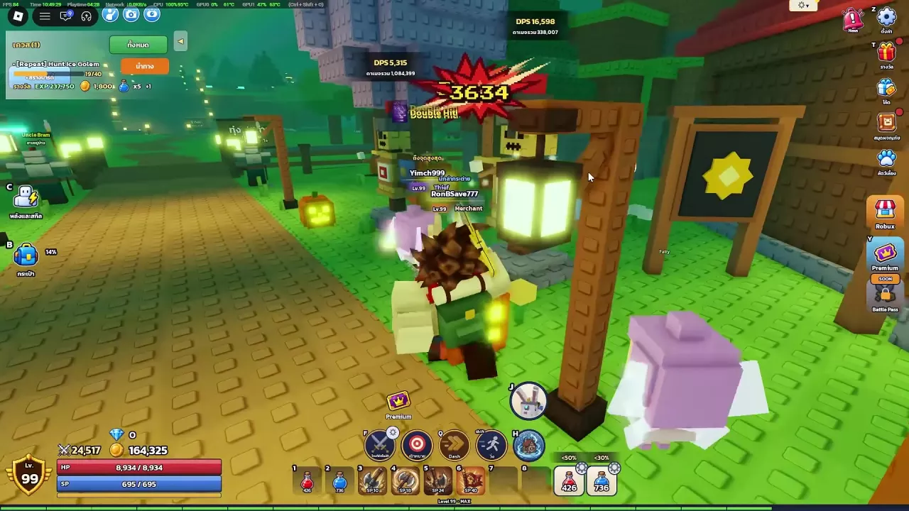 Town training dummies beside the road, with DPS, cumulative damage, and Double Hit feedback.