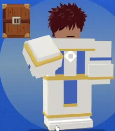 Cleric in white robes with blue and gold trim beside a floating brown spellbook.