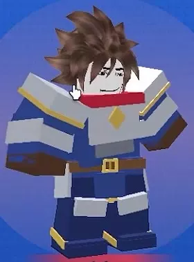 Swordsman wearing blue and silver armor with gold trim and a red scarf.